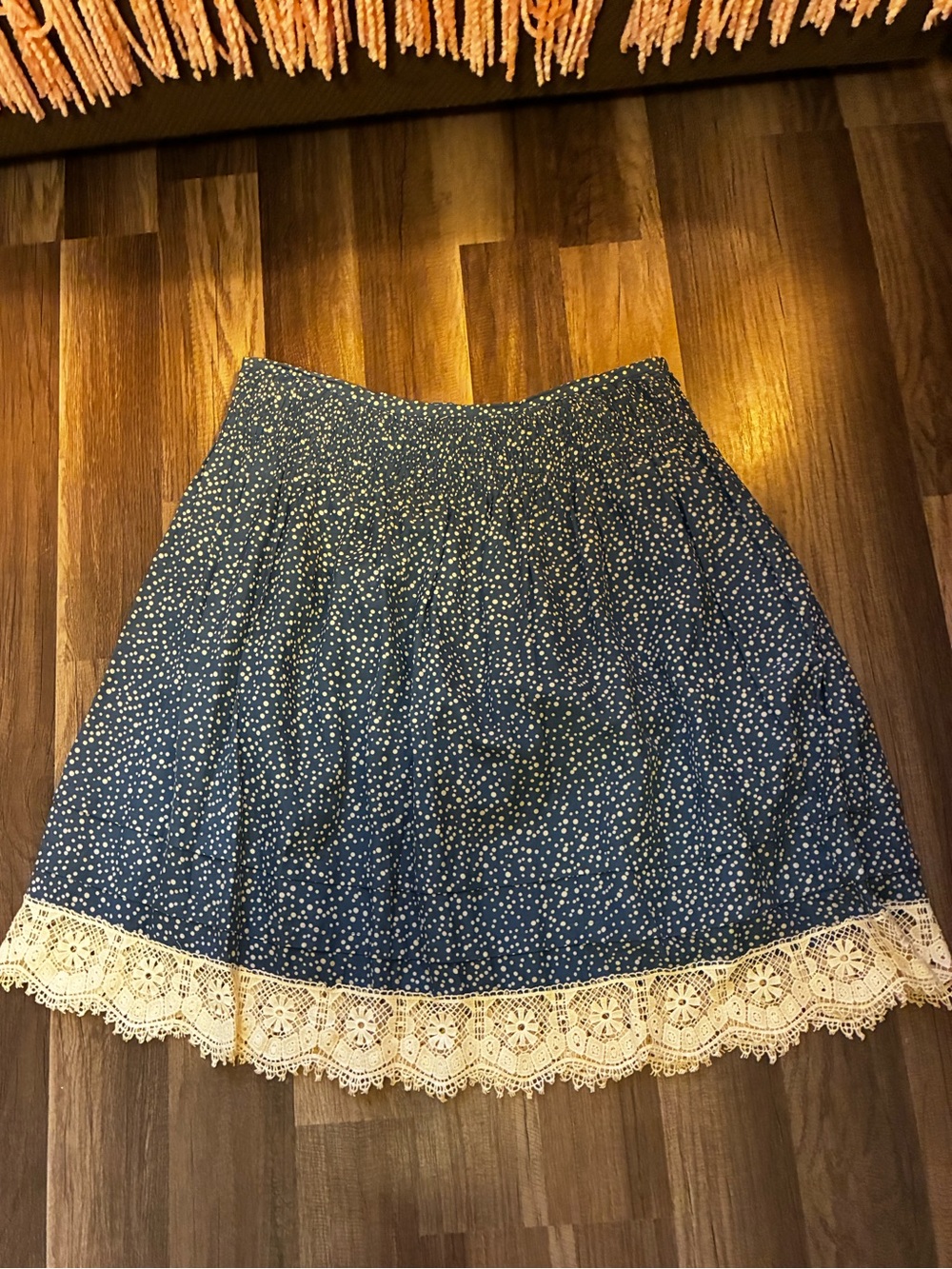 Sundance Cotton/Silk-Blue Microdot Midi Skirt with Cream Lace Hem-Size 10